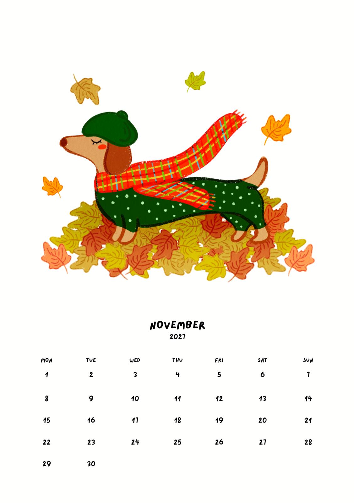 Calendario 2027 de perritos kawaii